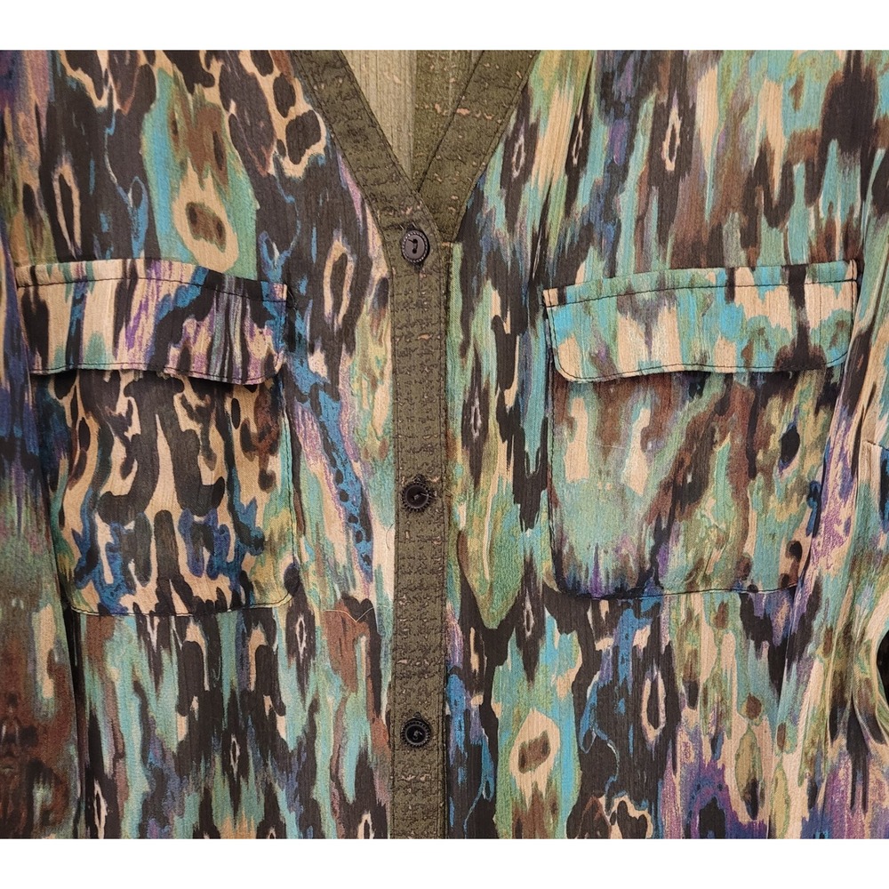 Fig and Flower Abstract Print Button Front Shirt Top Lace Back Green L - Picture 3 of 8